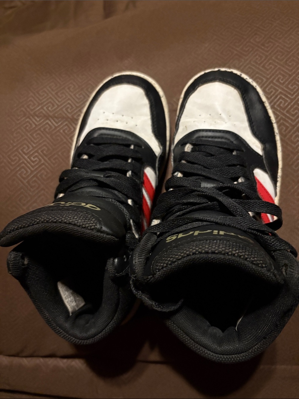 adidas Kids Black and White High-Top Sneakers with Red Accent